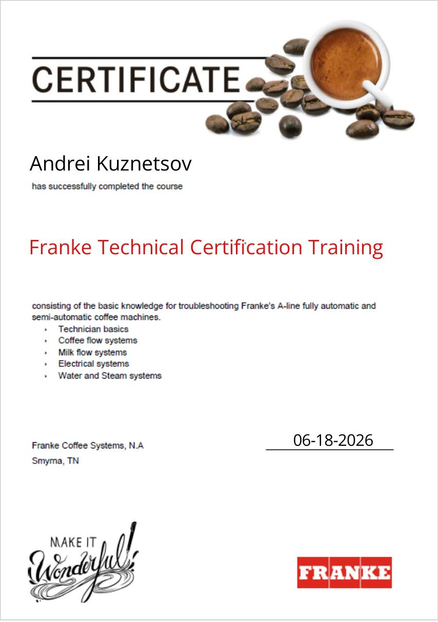 Franke Coffee Systems technical certification awarded to Andrew Kuznetsov for A-Line super-automatic service