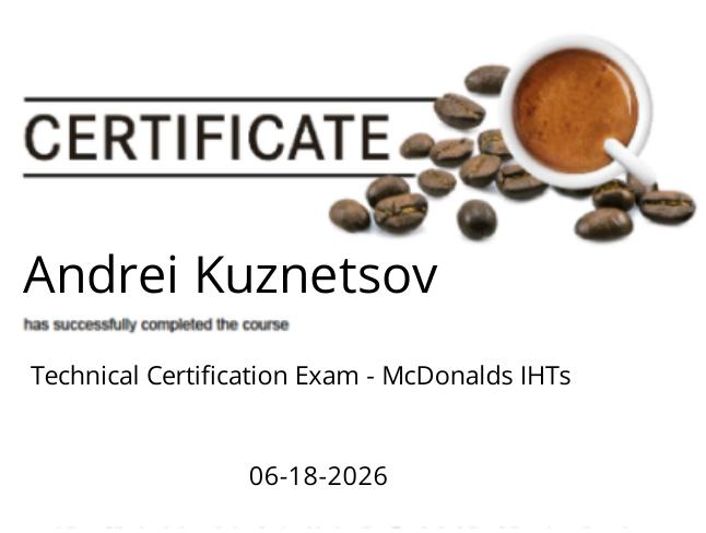 Franke Coffee Systems technical certification exam for McDonald's IHT units, awarded to Andrew Kuznetsov, June 2026.
