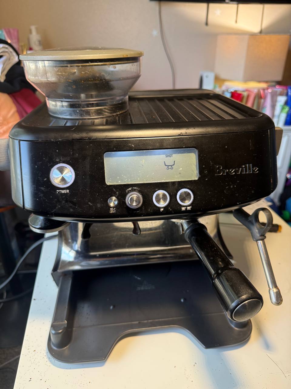Breville Barista Pro espresso machine, Model BES878, on the counter, in for a runs-only-a-few-seconds fault.