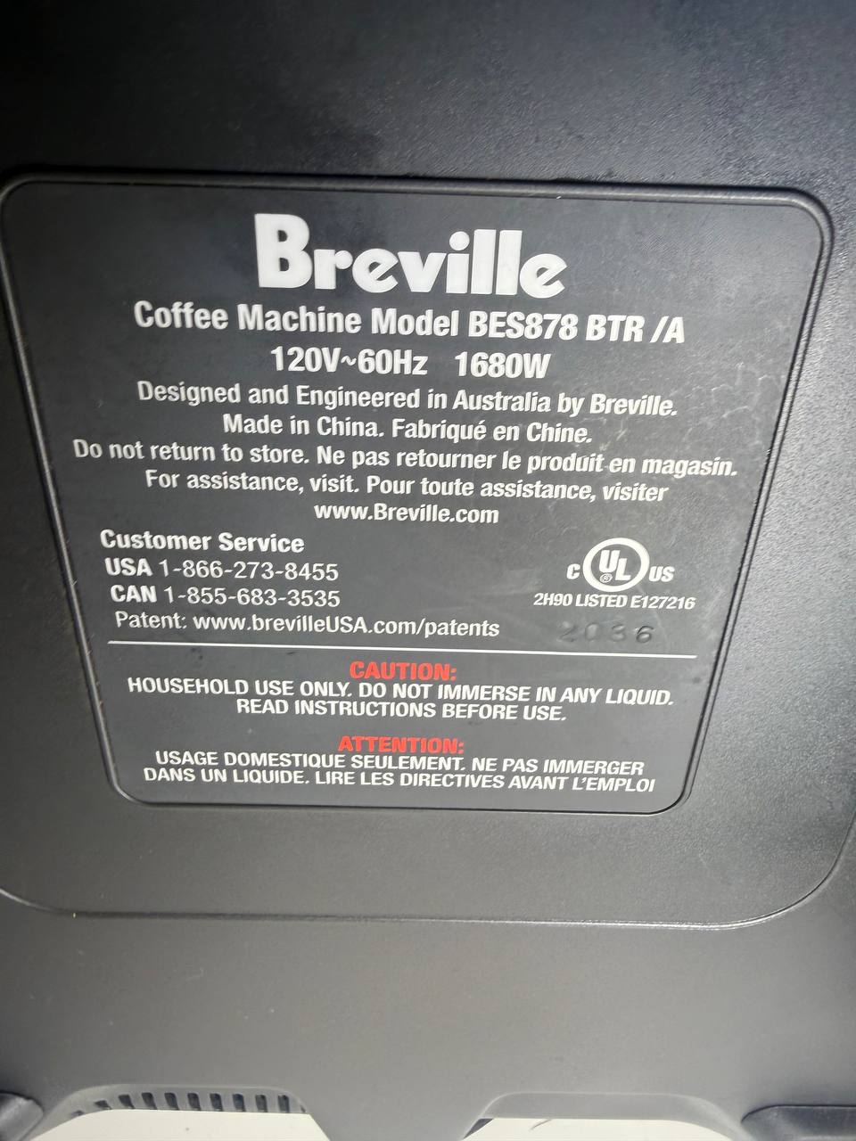 The Breville nameplate: Coffee Machine Model BES878 BTR/A, 120V, 1680W.